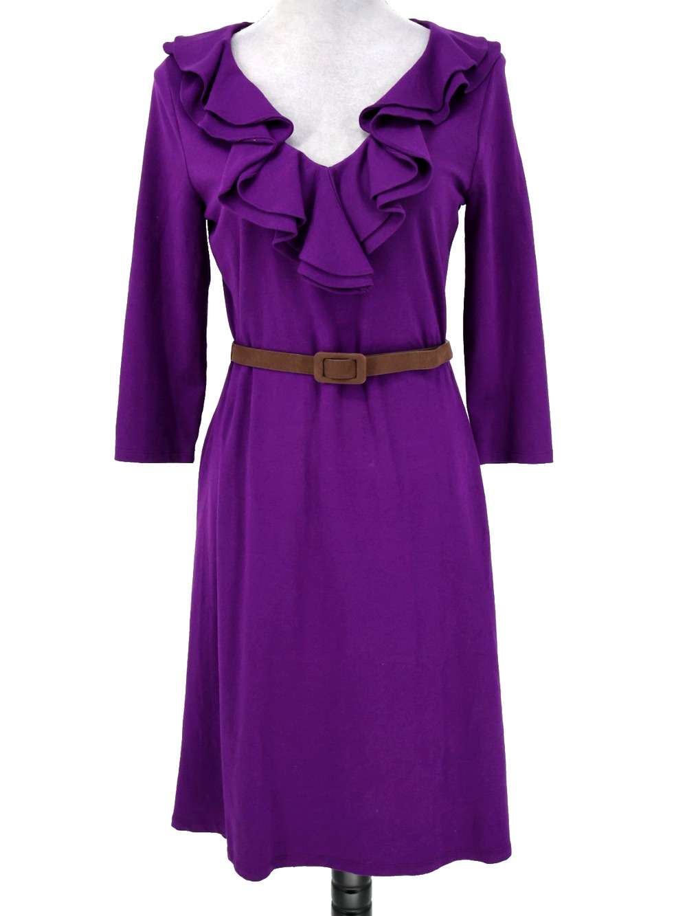 LRL Ralph Lauren Dress Womens Medium Grape Purple Stretch Cotton Ruffle Belt